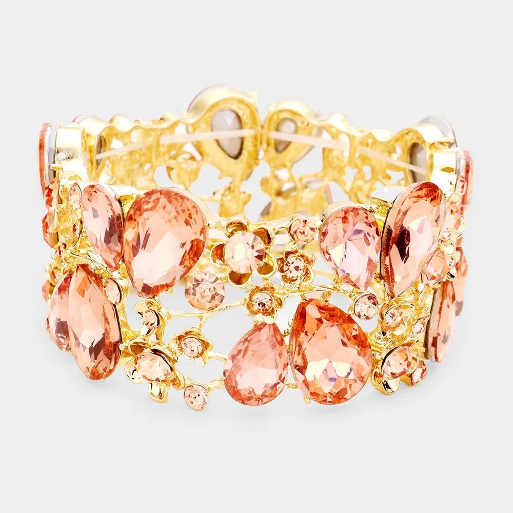 Peach Crystal Teardrop Floral Stretch Bracelet on Gold |  426860