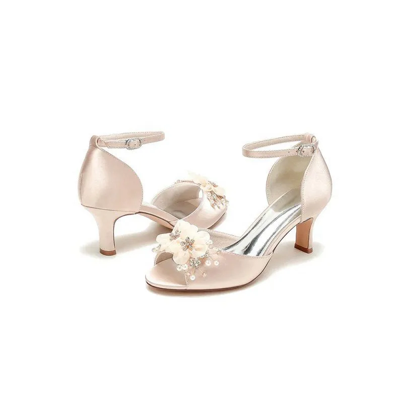 Peep Toe Rhinestone Chunky Heel Pumps with Flower