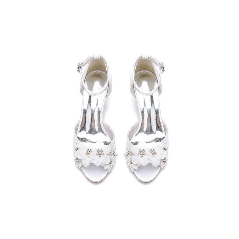 Peep Toe Rhinestone Chunky Heel Pumps with Flower