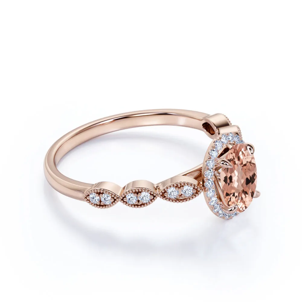 Perfect Halo 1.35 carat Vintage Morganite Engagement Ring for Women