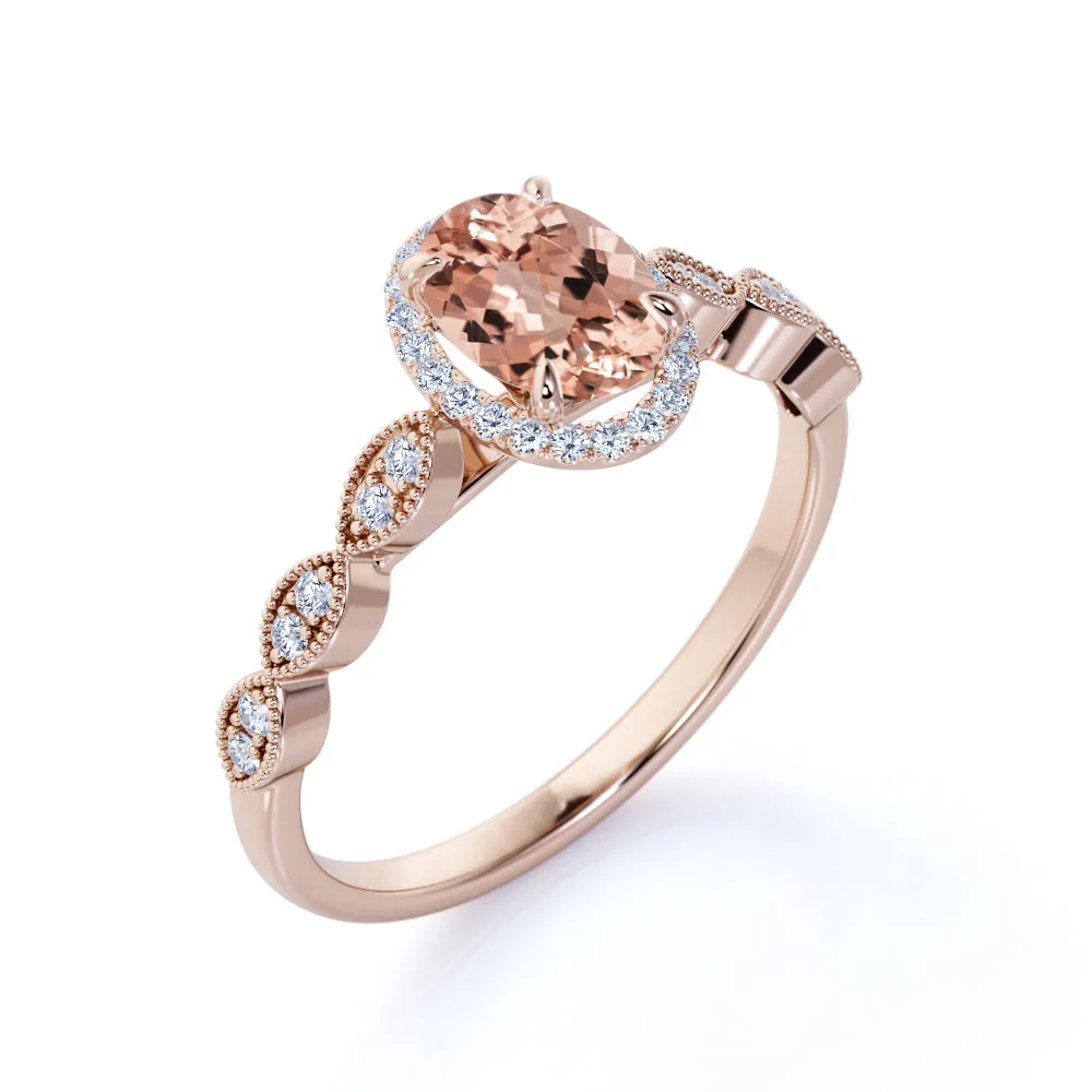 Perfect Halo 1.35 carat Vintage Morganite Engagement Ring for Women