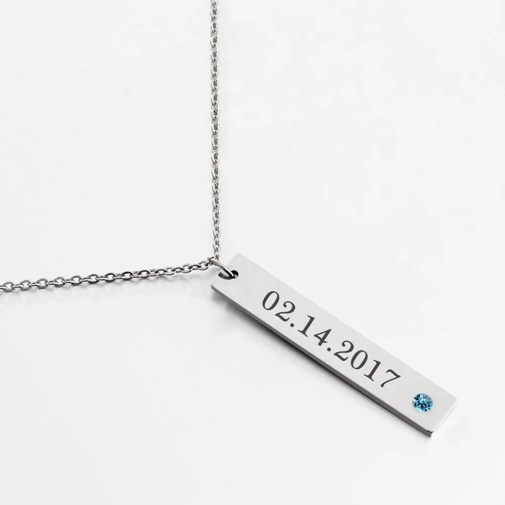 Personalized Stainless Steel Necklace with Engrave Name Bar & Birthstone Pendant