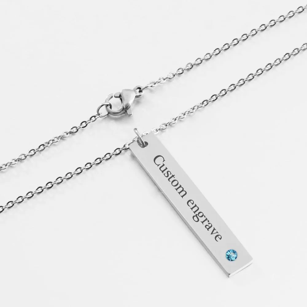 Personalized Stainless Steel Necklace with Engrave Name Bar & Birthstone Pendant