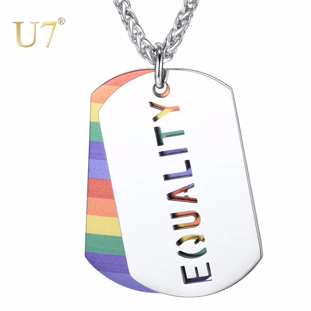 Personalized Stainless Steel Rainbow Dog Tag Pendant Necklace for Men Women Double Layer Equality