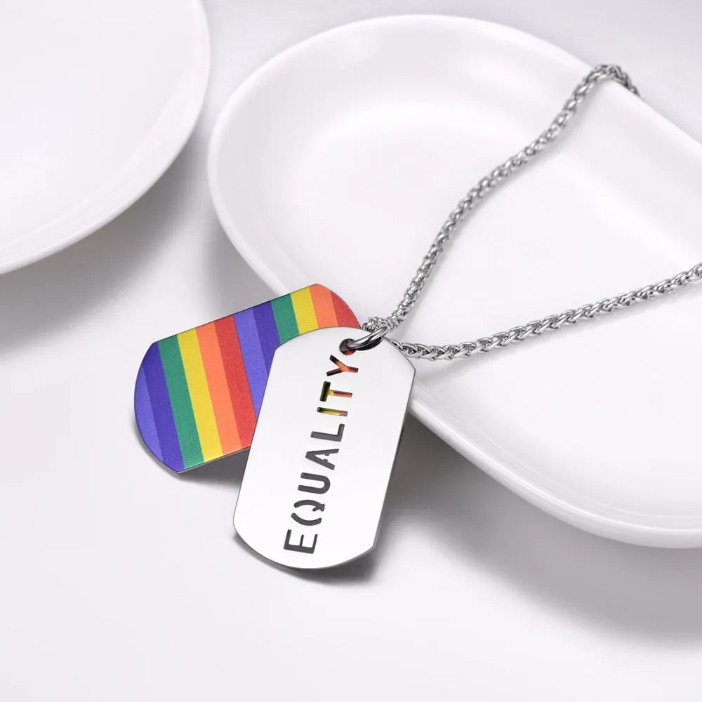 Personalized Stainless Steel Rainbow Dog Tag Pendant Necklace for Men Women Double Layer Equality