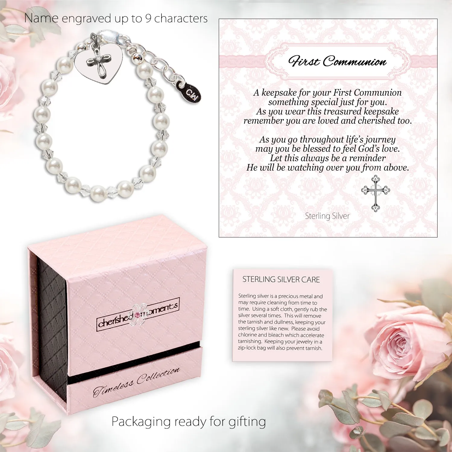 Personalized Sterling Silver High-End Austrian Simulated Pearl and Crystal Cross Bracelet First Communion Gift for Girls