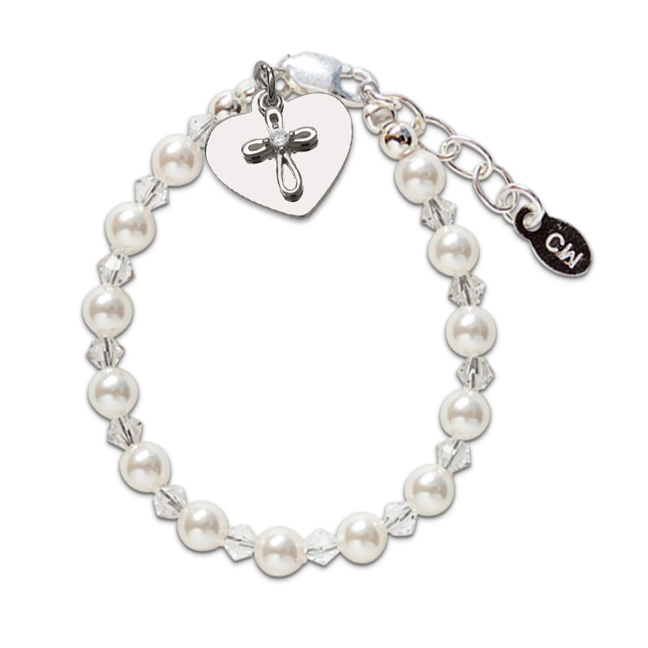 Personalized Sterling Silver High-End Austrian Simulated Pearl and Crystal Cross Bracelet First Communion Gift for Girls