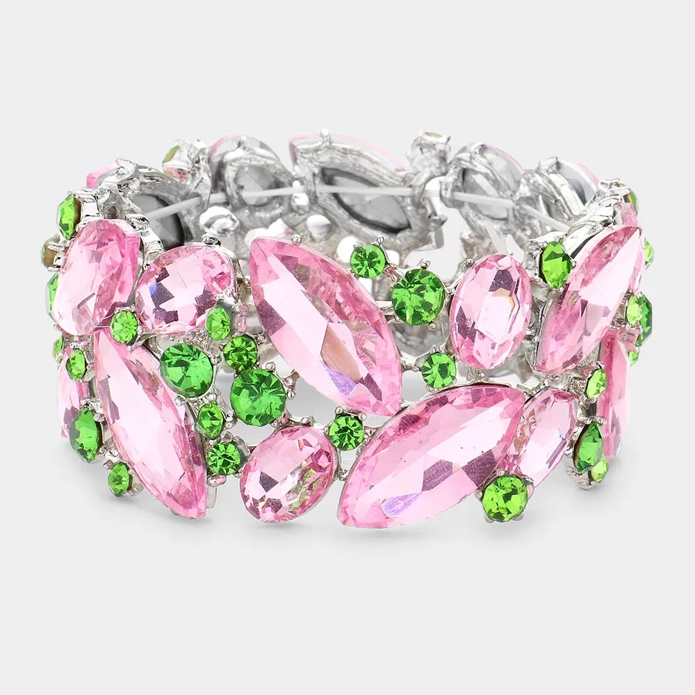 Pink & Green Crystal Marquise Stretch Statement Bracelet  | 533135