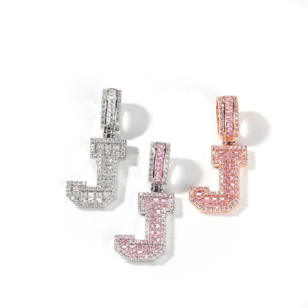 Pink Baguette Letters Custom Name Necklace Pendant With Heart Tennis Chain or baguetter chain Iced Out Personalized Jewelry