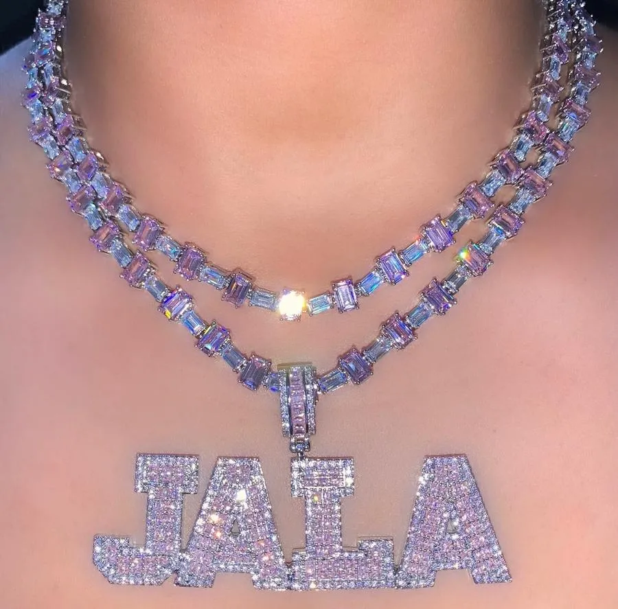 Pink Baguette Letters Custom Name Necklace Pendant With Heart Tennis Chain or baguetter chain Iced Out Personalized Jewelry