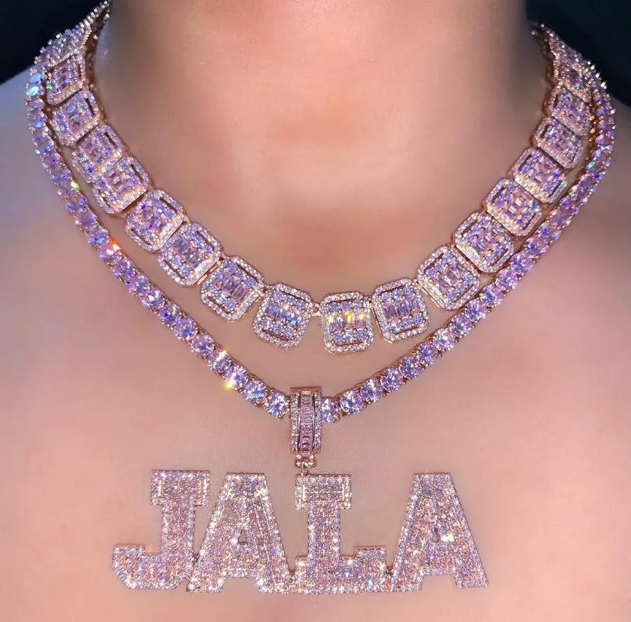 Pink Baguette Letters Custom Name Necklace Pendant With Heart Tennis Chain or baguetter chain Iced Out Personalized Jewelry