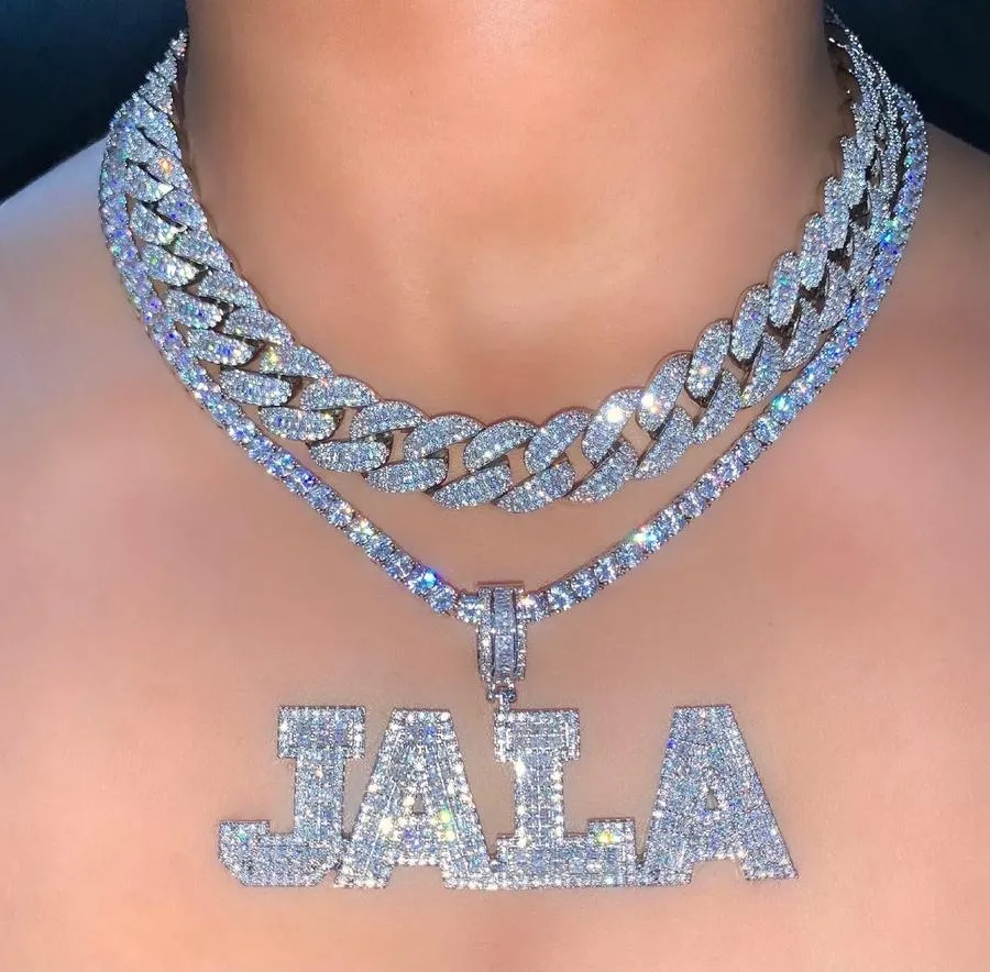 Pink Baguette Letters Custom Name Necklace Pendant With Heart Tennis Chain or baguetter chain Iced Out Personalized Jewelry