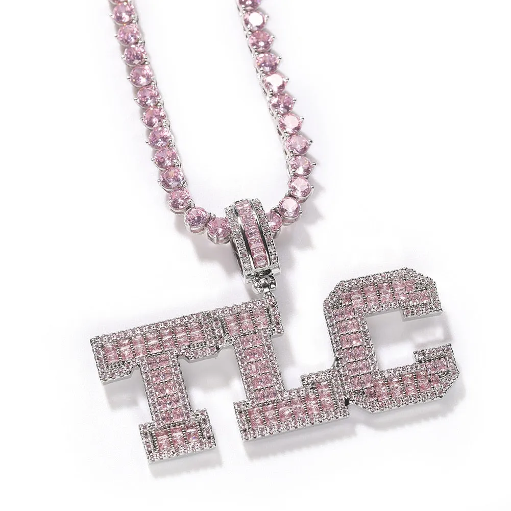 Pink Baguette Letters Custom Name Necklace Pendant With Heart Tennis Chain or baguetter chain Iced Out Personalized Jewelry