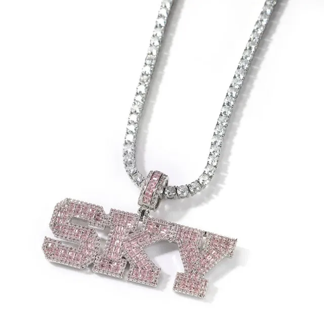 Pink Baguette Letters Custom Name Necklace Pendant With Heart Tennis Chain or baguetter chain Iced Out Personalized Jewelry