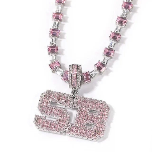 Pink Baguette Letters Custom Name Necklace Pendant With Heart Tennis Chain or baguetter chain Iced Out Personalized Jewelry
