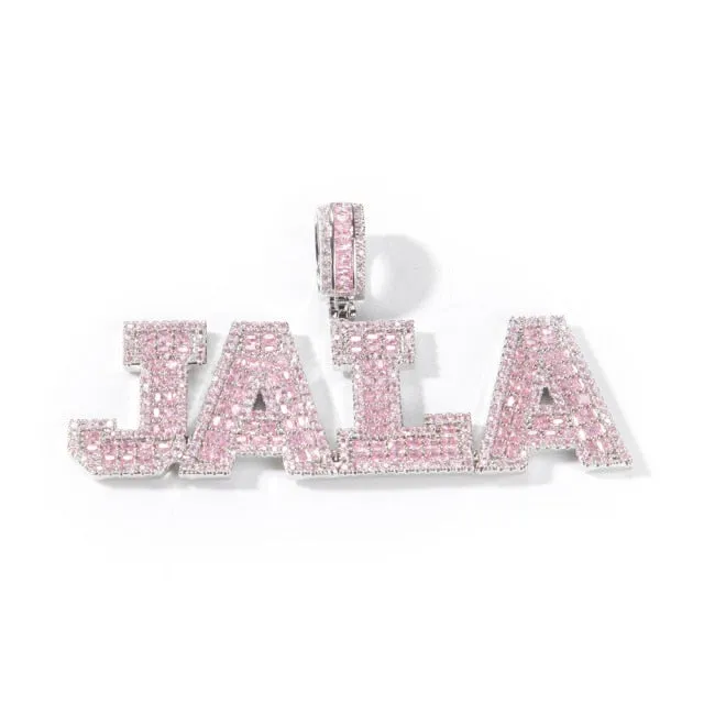 Pink Baguette Letters Custom Name Necklace Pendant With Heart Tennis Chain or baguetter chain Iced Out Personalized Jewelry