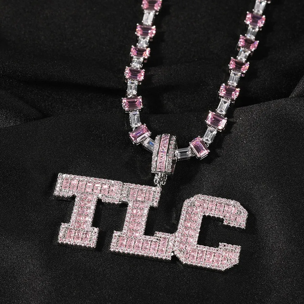 Pink Baguette Letters Custom Name Necklace Pendant With Heart Tennis Chain or baguetter chain Iced Out Personalized Jewelry