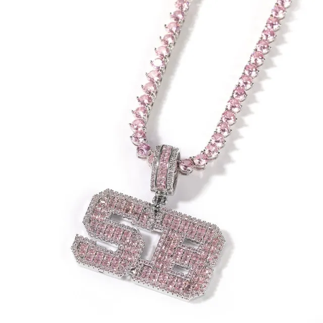 Pink Baguette Letters Custom Name Necklace Pendant With Heart Tennis Chain or baguetter chain Iced Out Personalized Jewelry