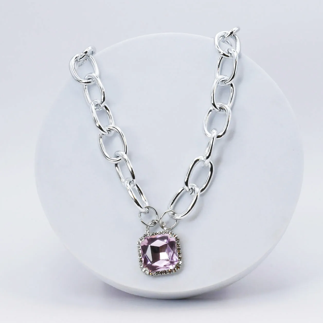 Pink Glamour Chunk Necklace Silver