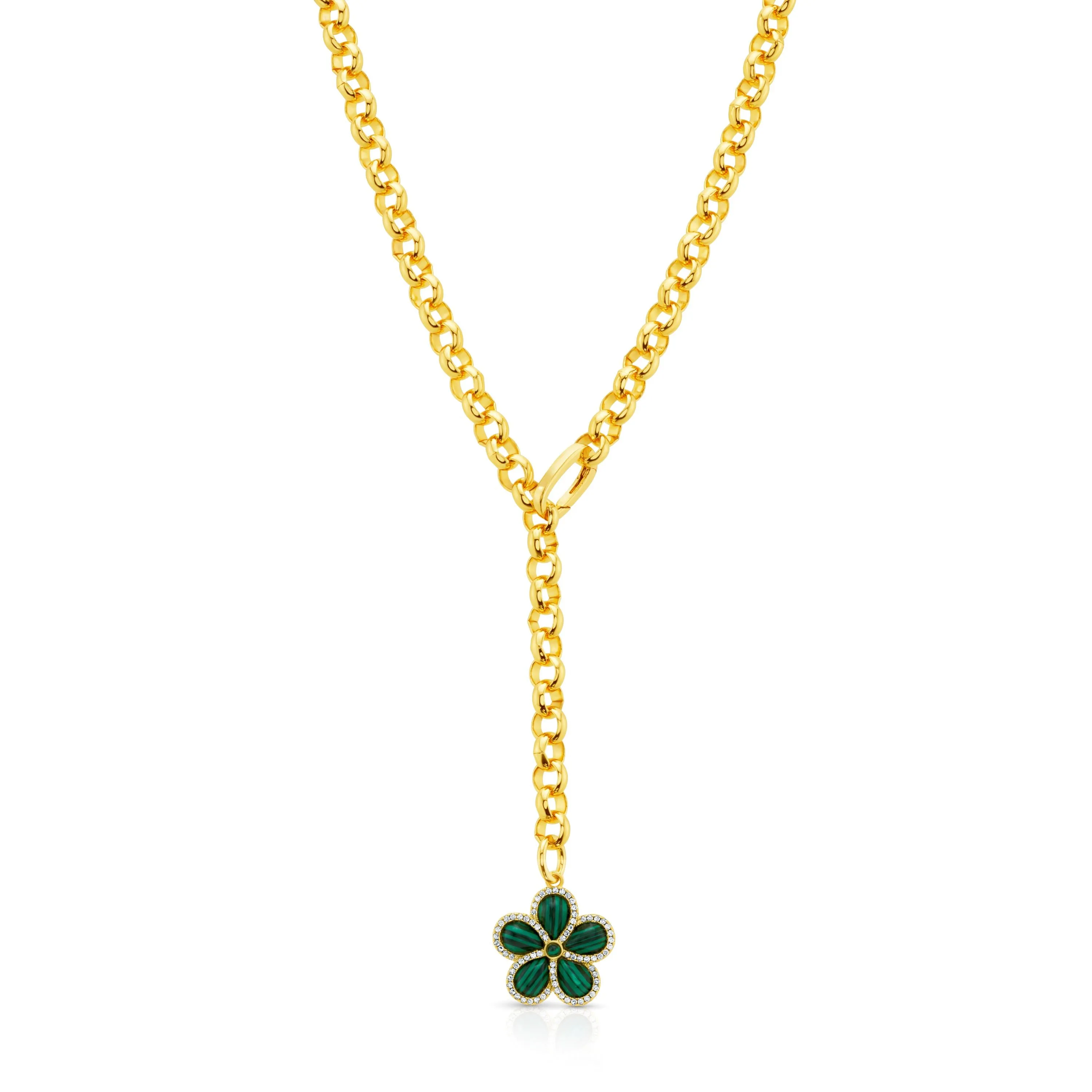 PRECIOUS FLOWER LARIAT CHAIN NECKLACE, MALACHITE GOLD