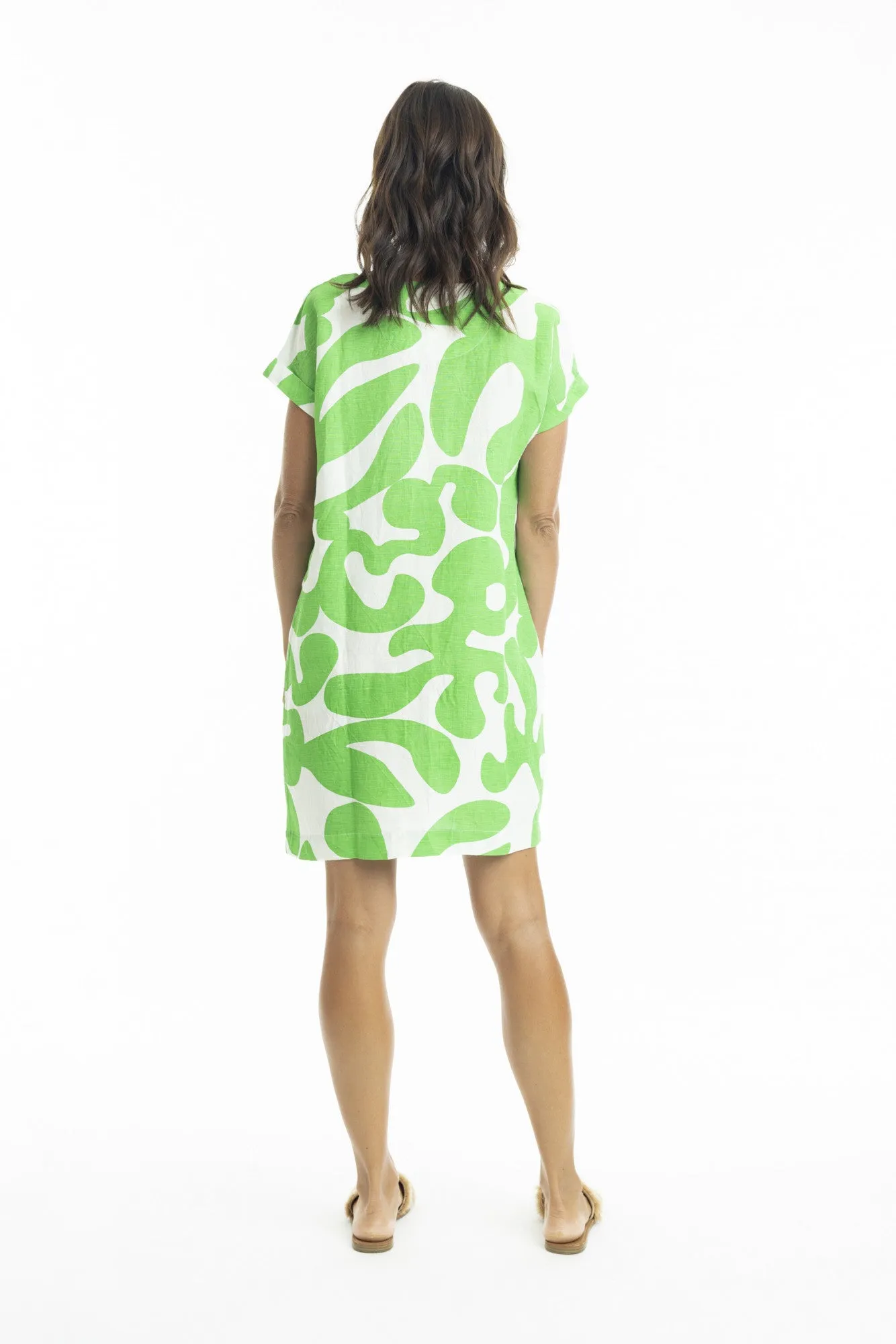 Print Linen Dress Shift cap slv