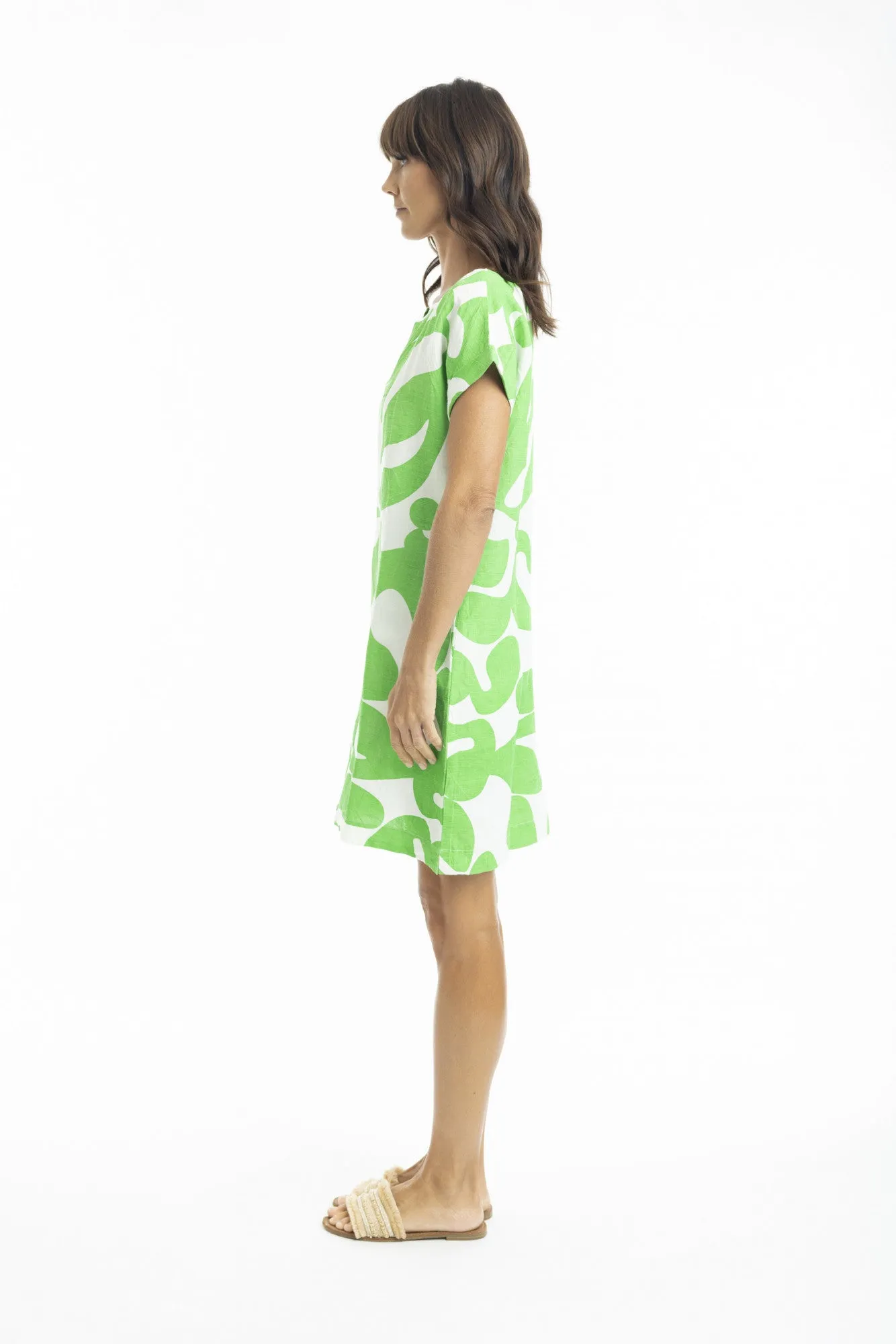 Print Linen Dress Shift cap slv