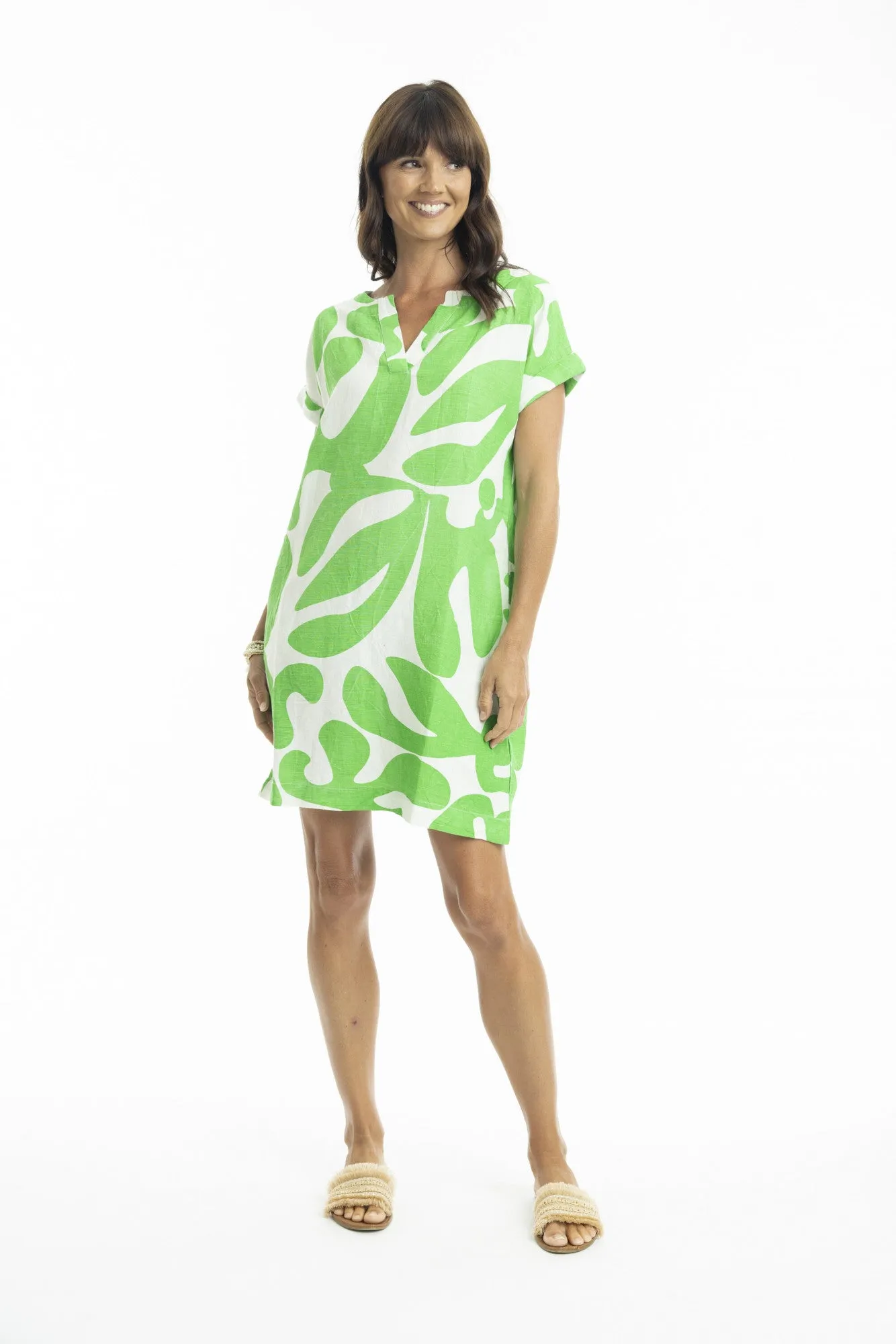 Print Linen Dress Shift cap slv