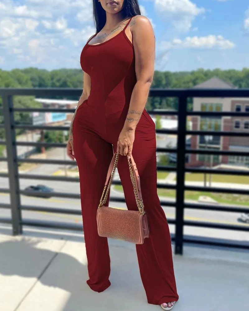 Printed&Solid Color Suspender Jumpsuit