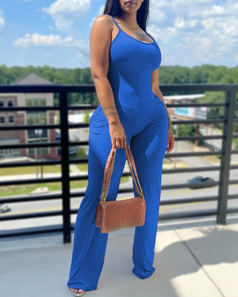 Printed&Solid Color Suspender Jumpsuit
