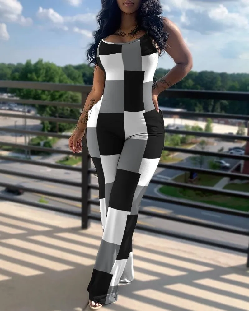 Printed&Solid Color Suspender Jumpsuit