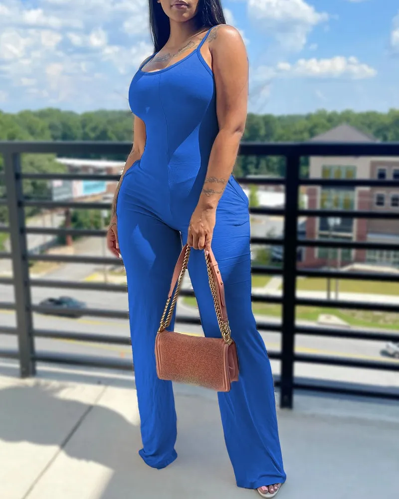 Printed&Solid Color Suspender Jumpsuit