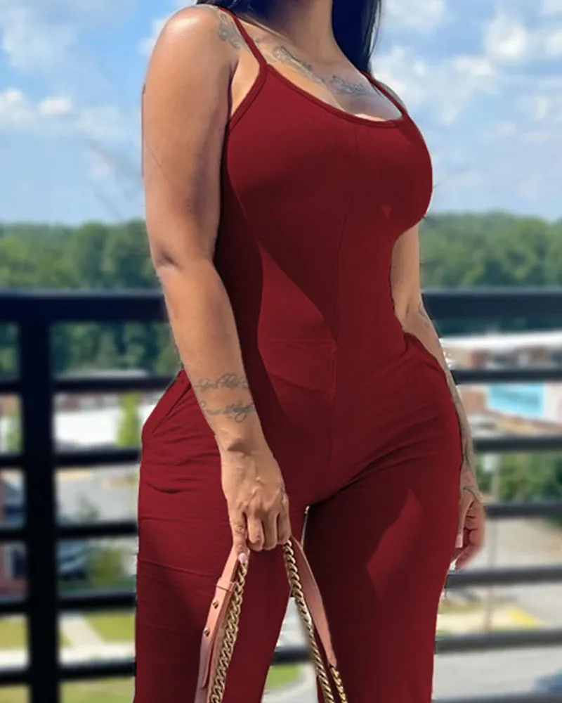 Printed&Solid Color Suspender Jumpsuit