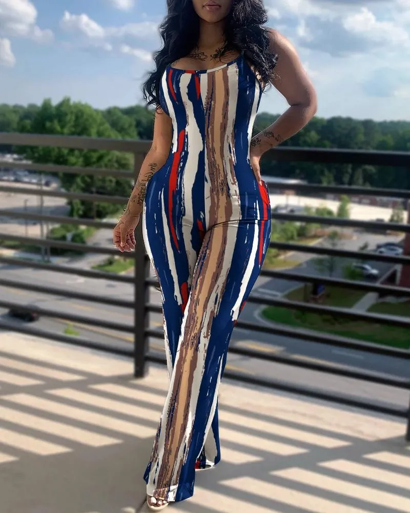 Printed&Solid Color Suspender Jumpsuit