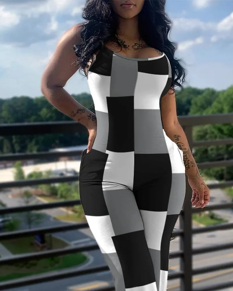 Printed&Solid Color Suspender Jumpsuit