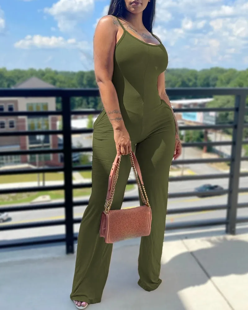 Printed&Solid Color Suspender Jumpsuit