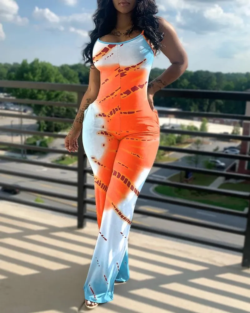 Printed&Solid Color Suspender Jumpsuit