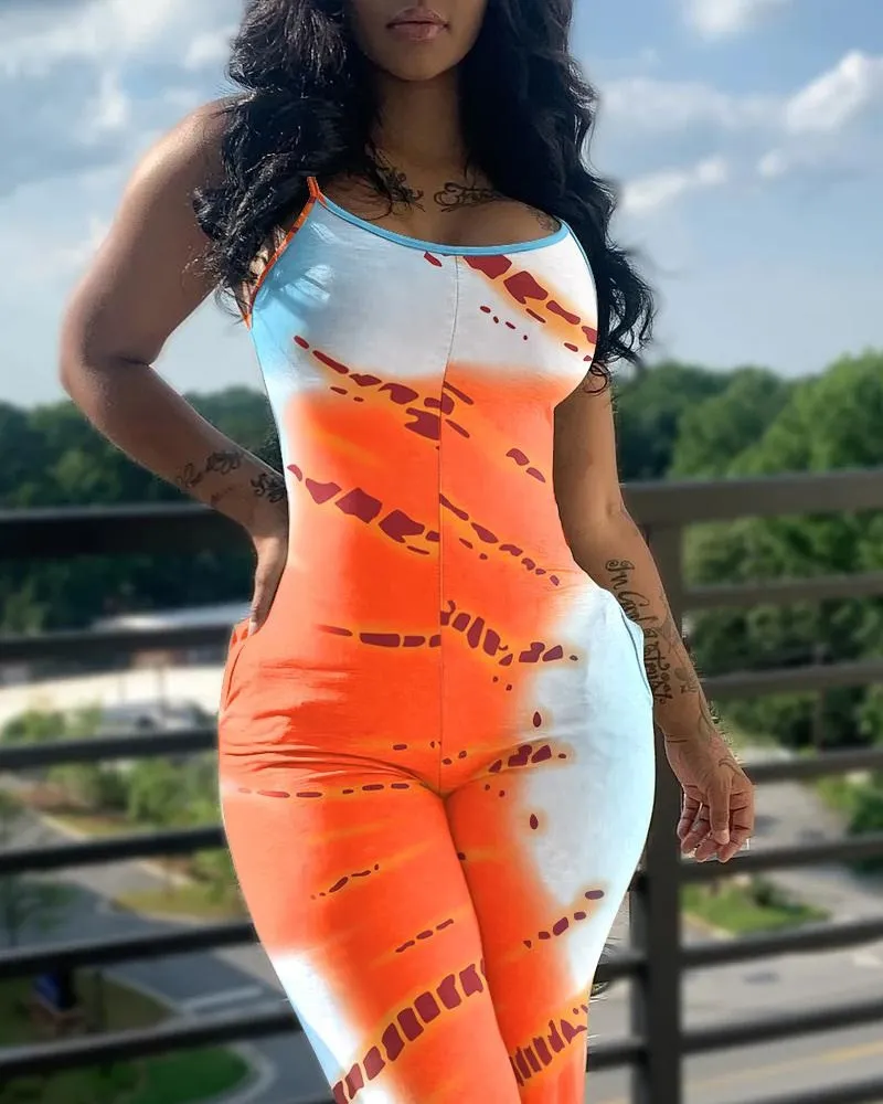 Printed&Solid Color Suspender Jumpsuit