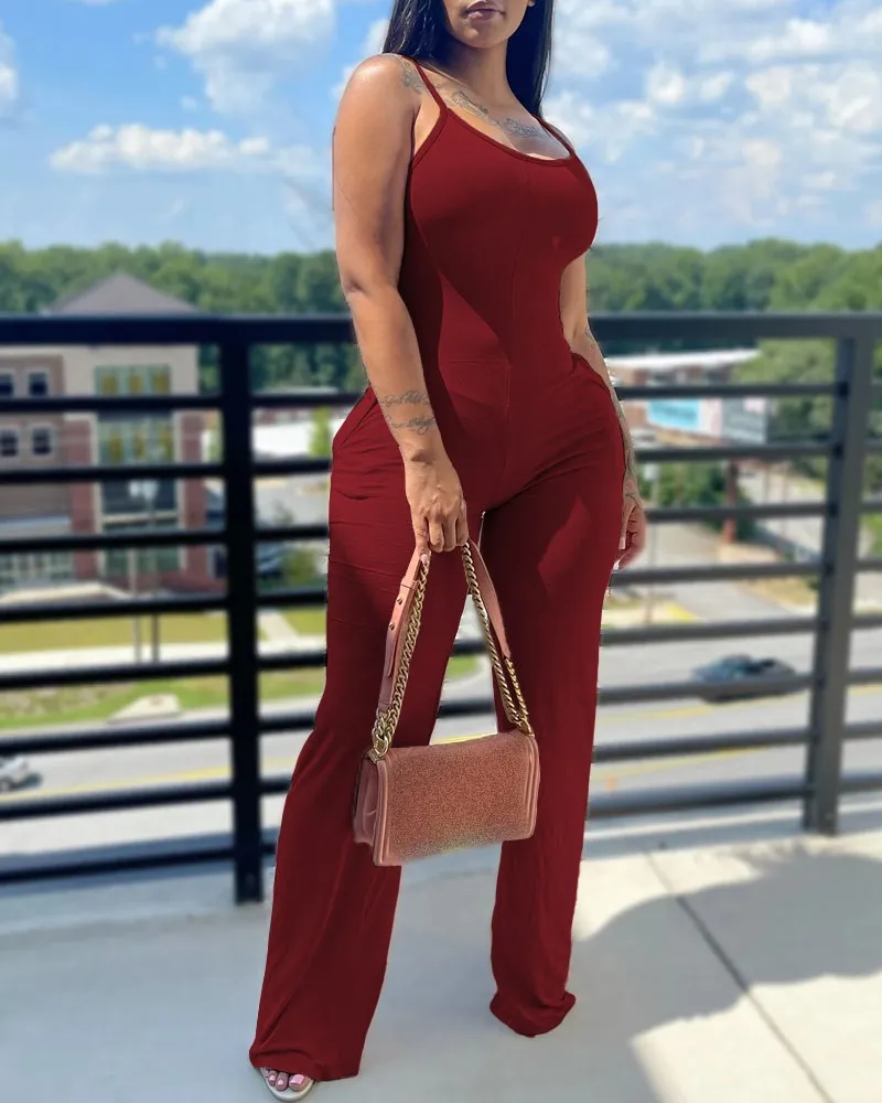 Printed&Solid Color Suspender Jumpsuit