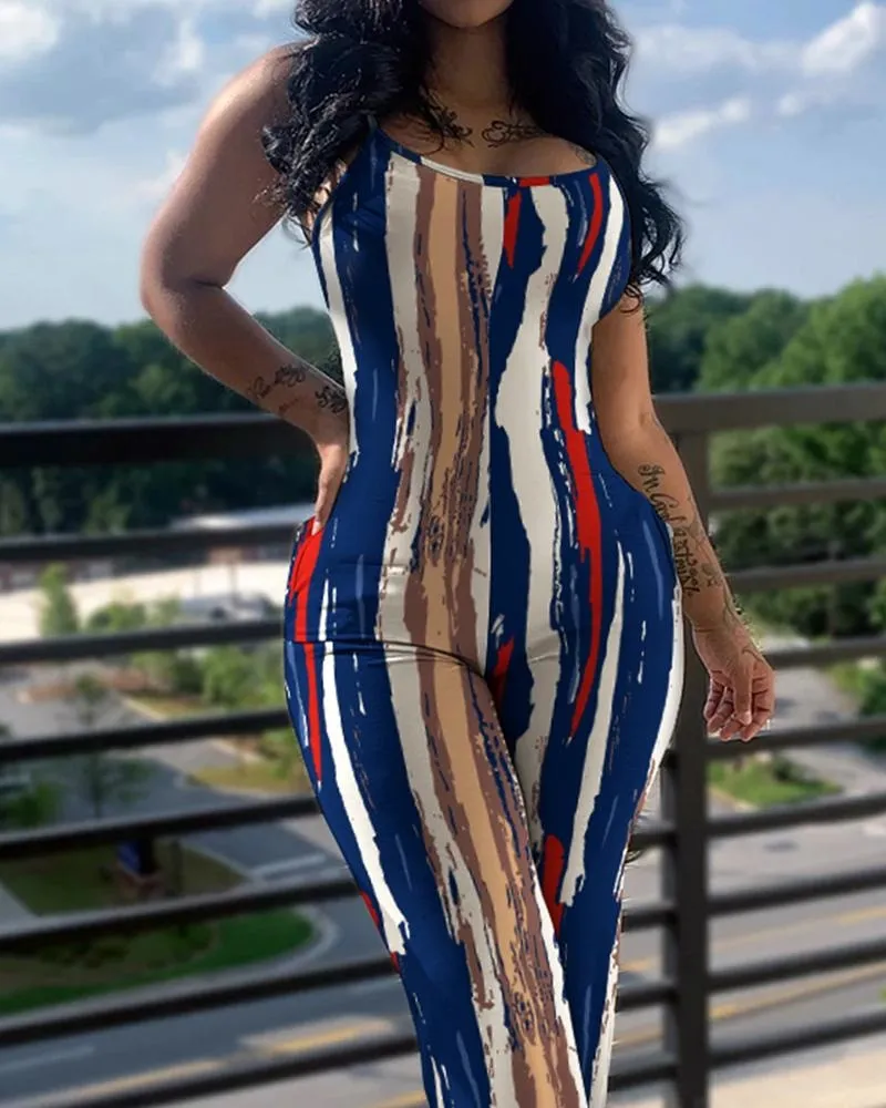 Printed&Solid Color Suspender Jumpsuit