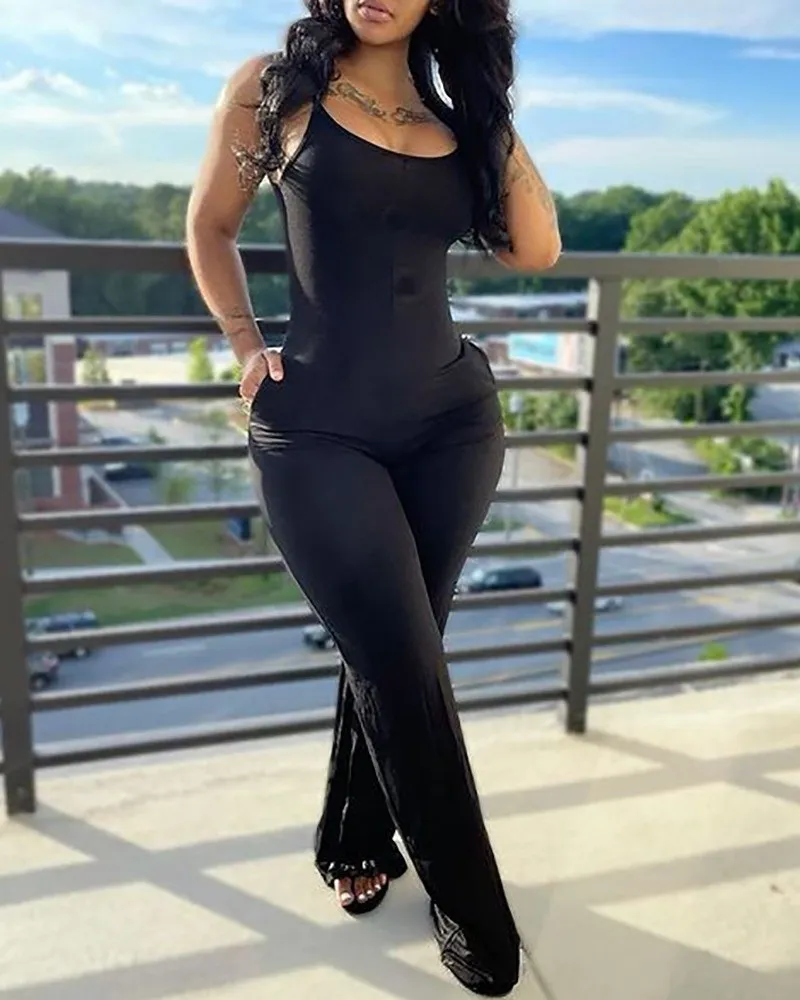 Printed&Solid Color Suspender Jumpsuit