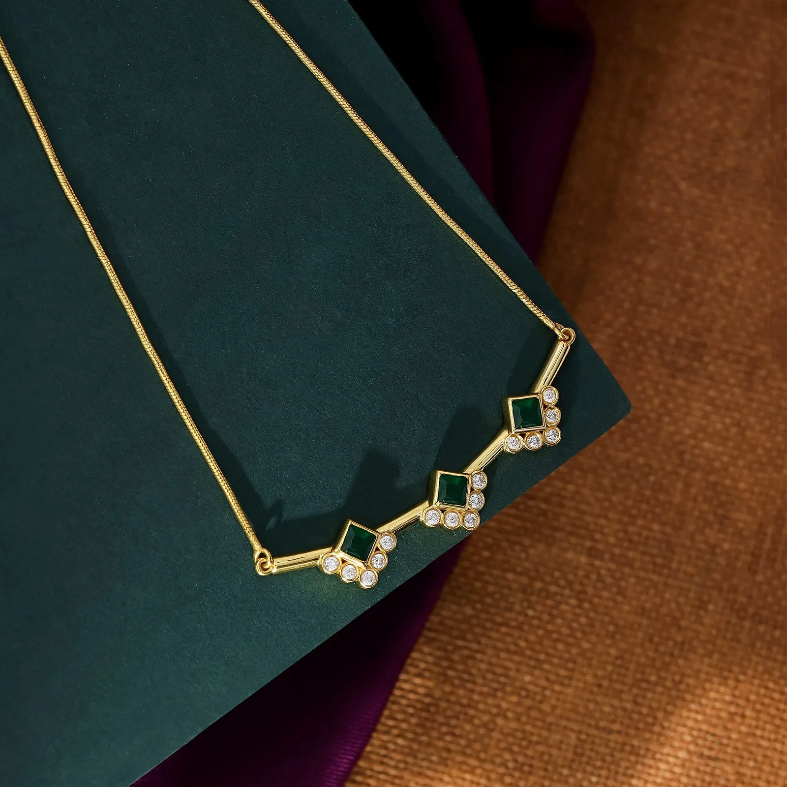 Pure Silver Necklace - Golden Emerald Trio Chain