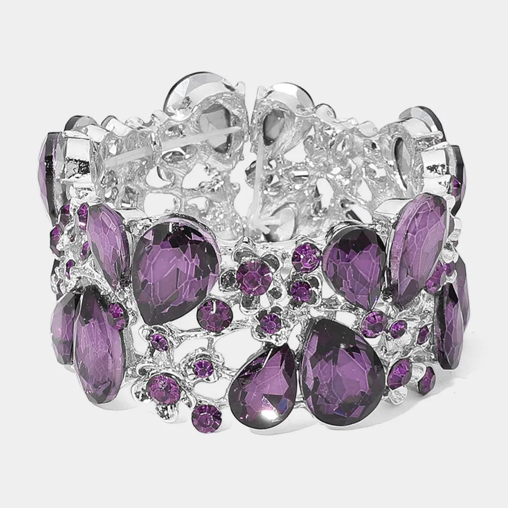 Purple Crystal Teardrop Floral Stretch Bracelet |  651491