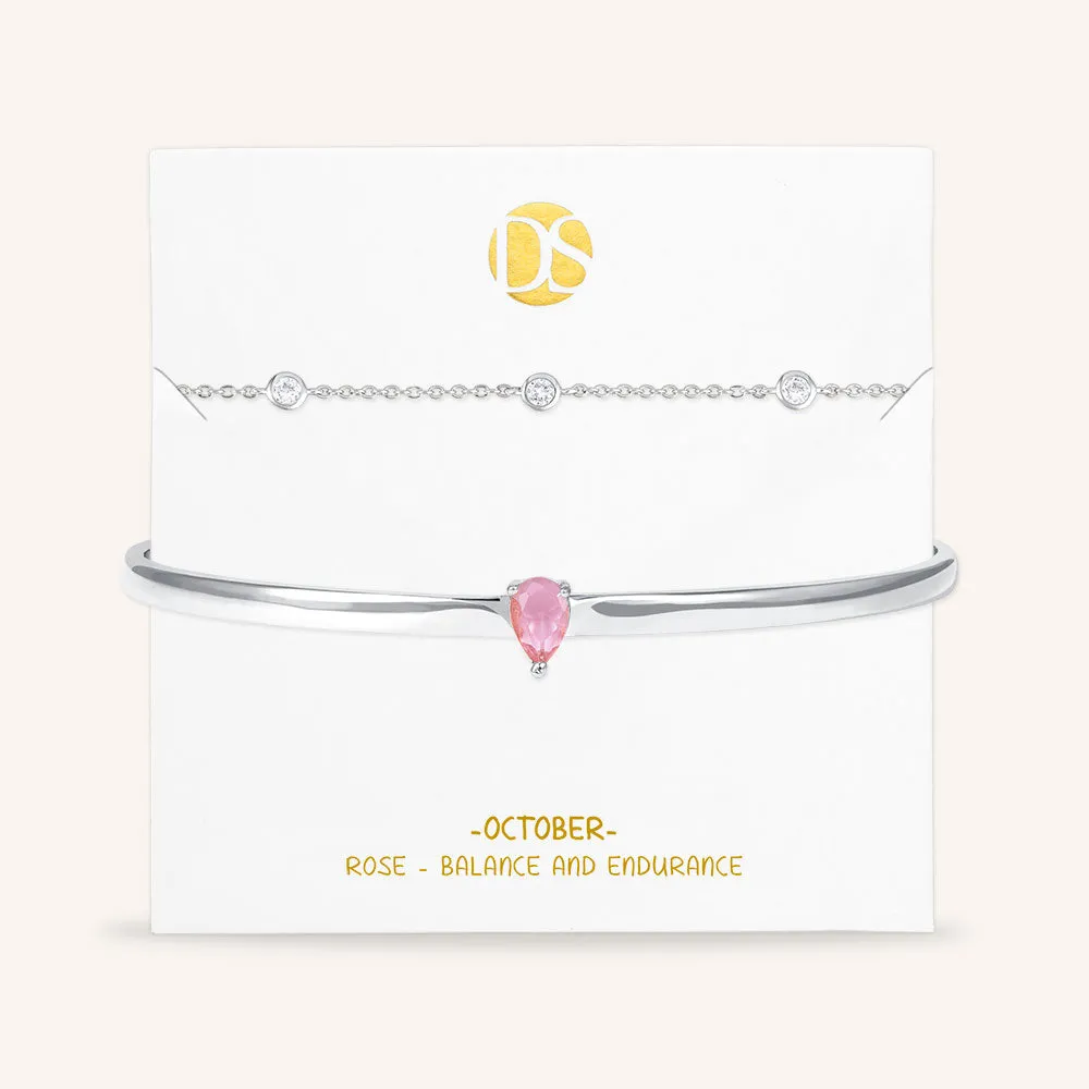 "Keepsakes" Set of Two Pear Cut Birthstone Cuff & Station Layering Bracelets