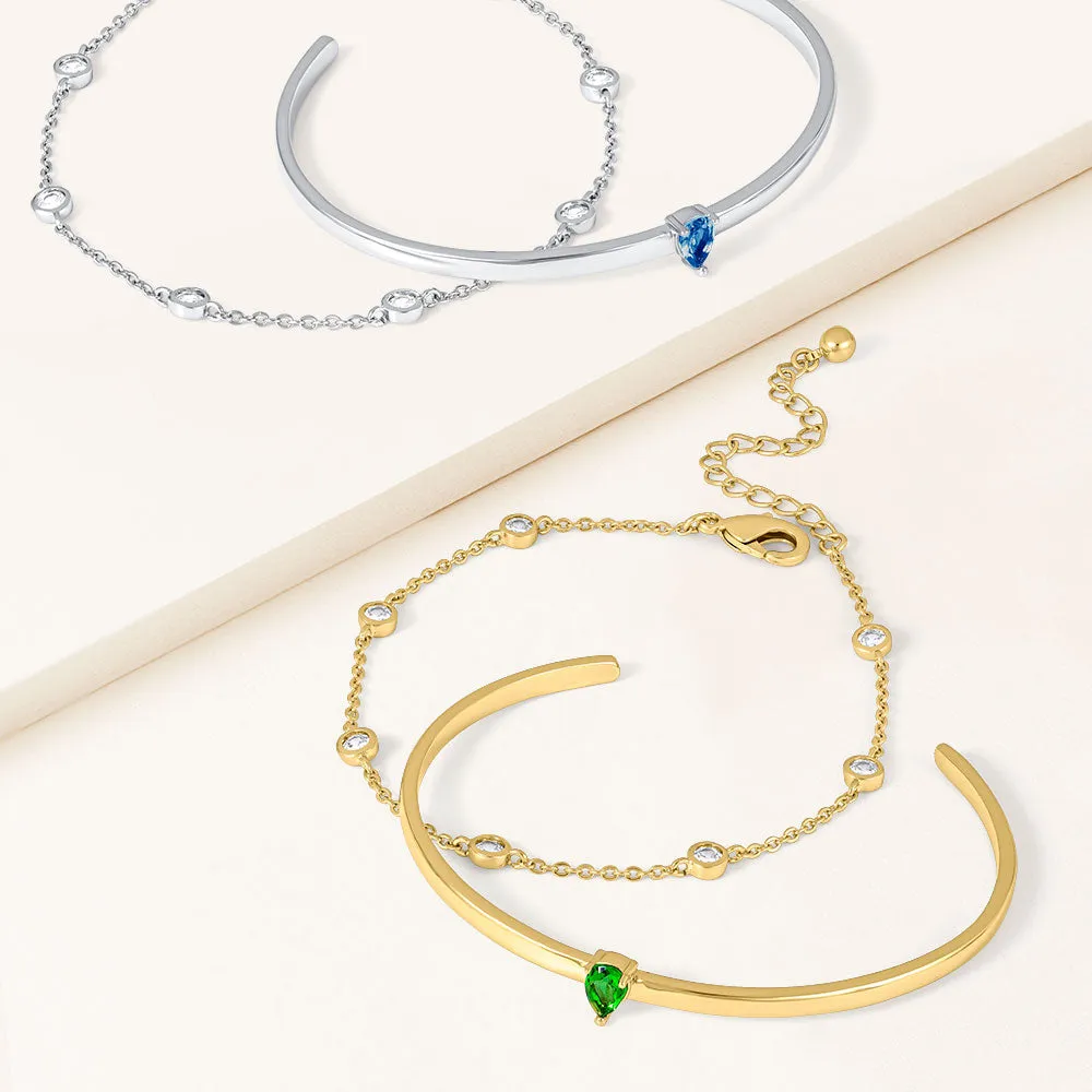"Keepsakes" Set of Two Pear Cut Birthstone Cuff & Station Layering Bracelets
