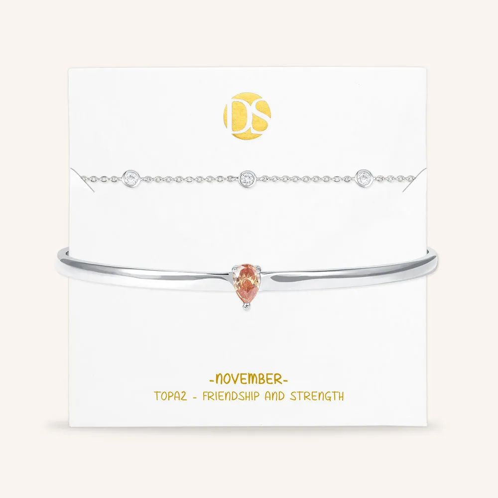 "Keepsakes" Set of Two Pear Cut Birthstone Cuff & Station Layering Bracelets