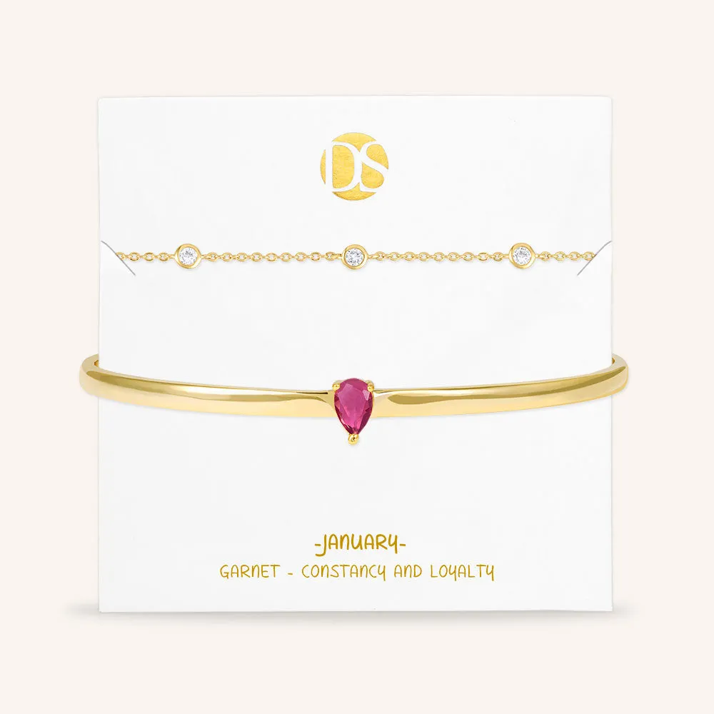 "Keepsakes" Set of Two Pear Cut Birthstone Cuff & Station Layering Bracelets