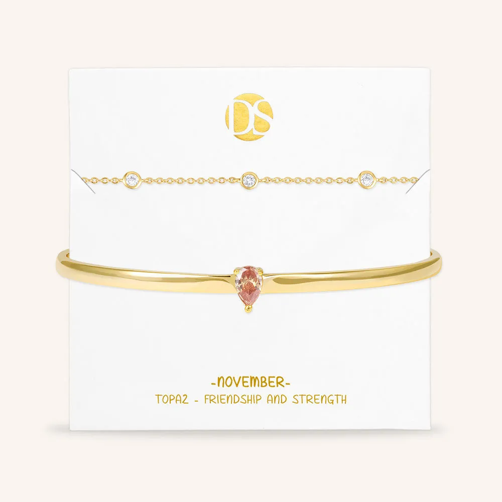 "Keepsakes" Set of Two Pear Cut Birthstone Cuff & Station Layering Bracelets