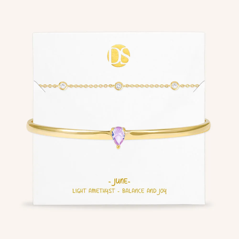 "Keepsakes" Set of Two Pear Cut Birthstone Cuff & Station Layering Bracelets