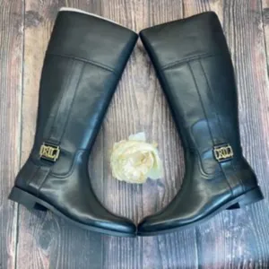Ralph Lauren Wide Calf Black Leather Berdie Riding Boots