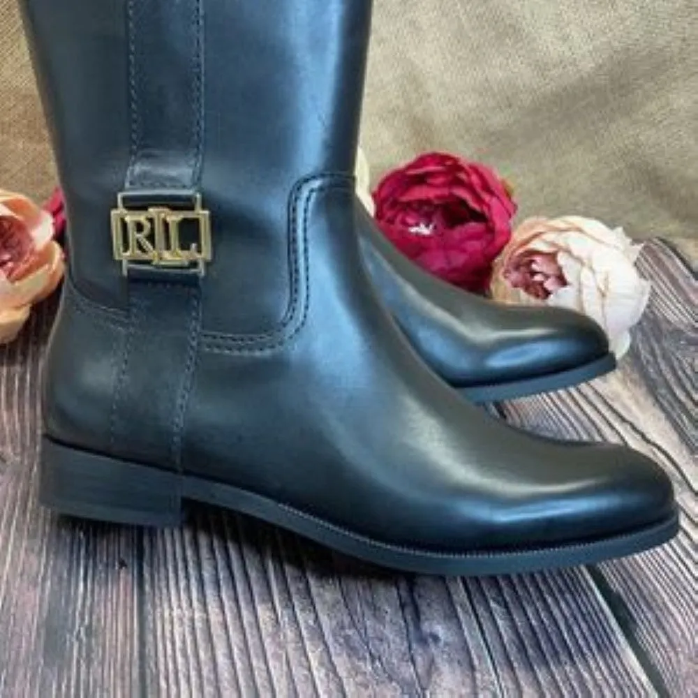 Ralph Lauren Wide Calf Black Leather Berdie Riding Boots